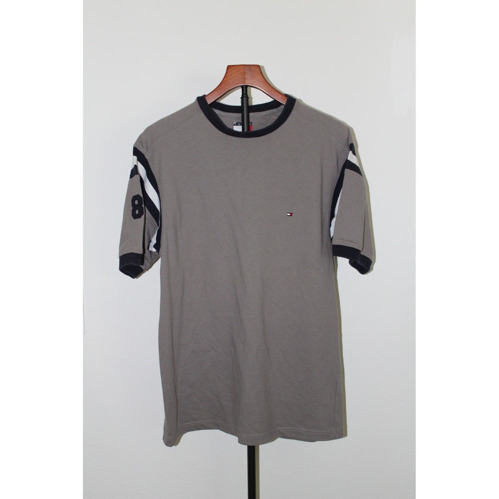 VTG Tommy Hilfiger Grey Ringer T-Shirt Embroidered 85 Striped Sleeve Men's Small